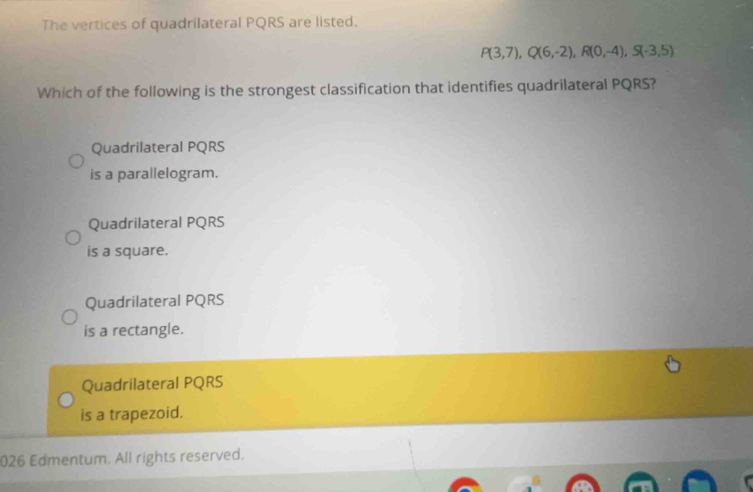 the vertices of quadrilateral pqrs are listed. \\p(3,7), q(6,-2), r(0,-…