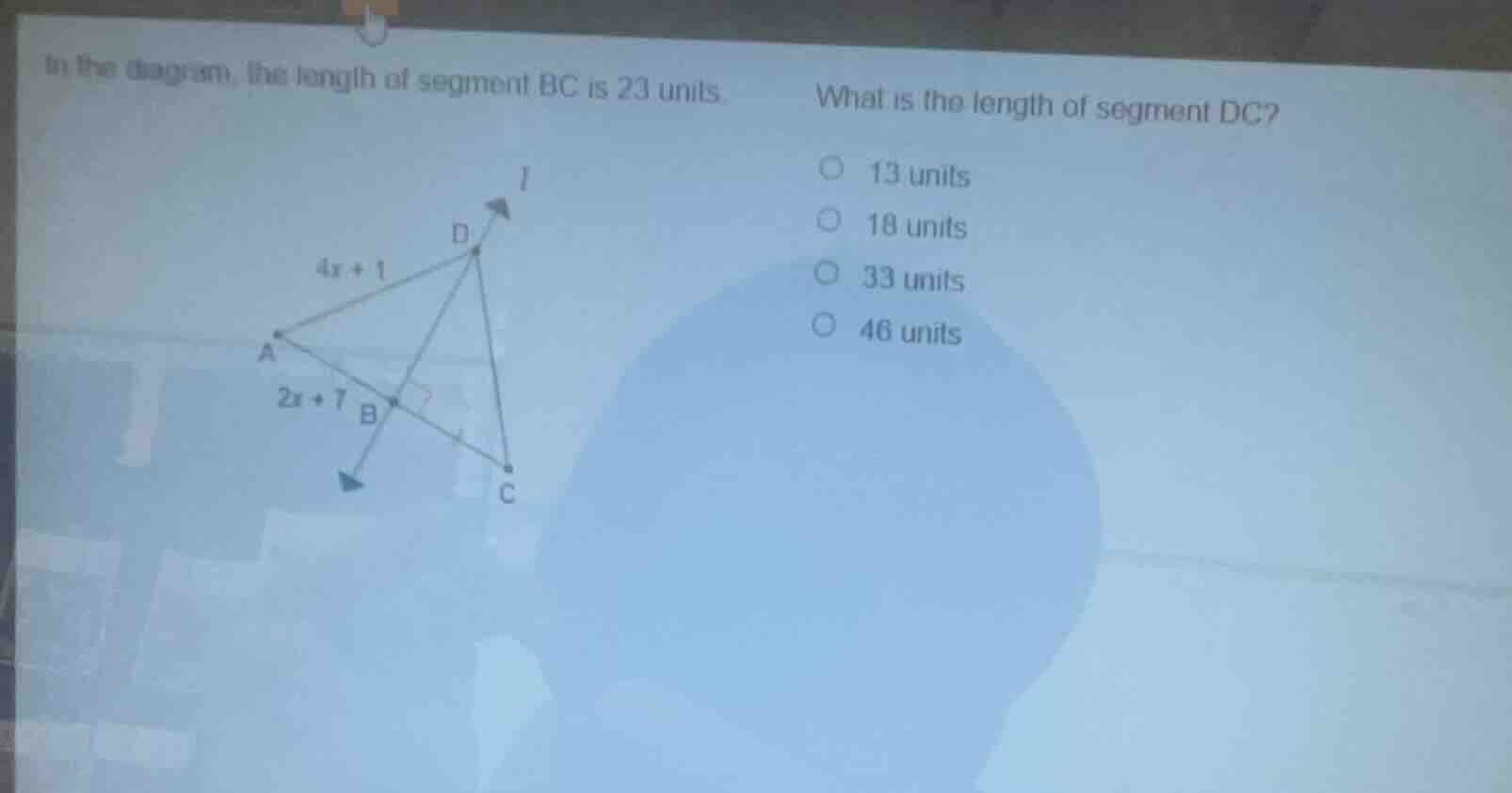 in the diagram, the length of segment bc is 23 units. what is the lengt…