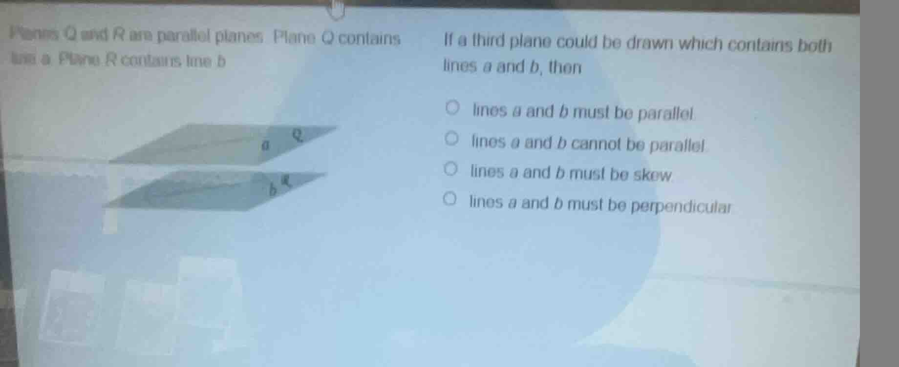 planes q and r are parallel planes. plane q contains line a. plane r co…