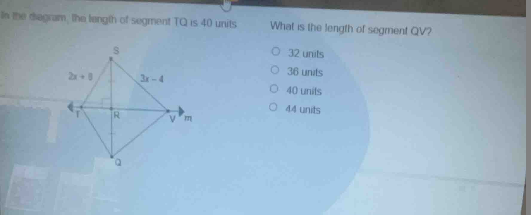 in the diagram, the length of segment tq is 40 units what is the length…