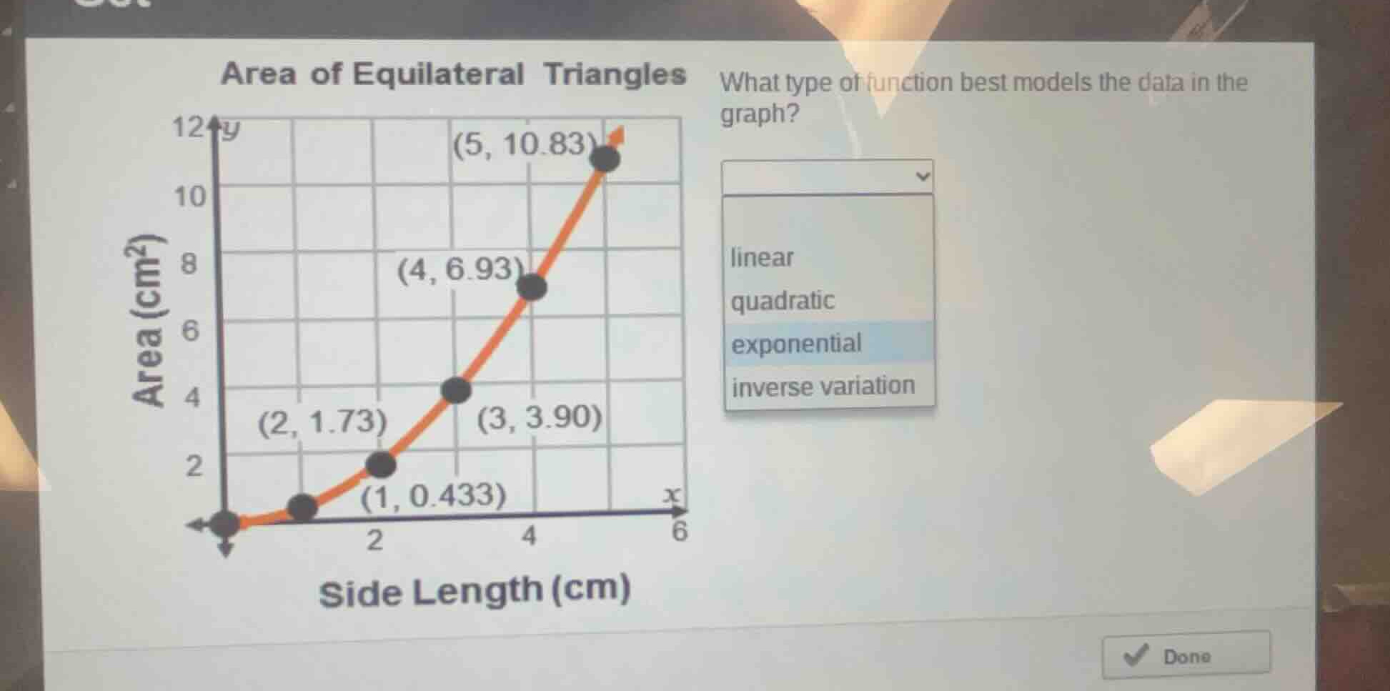 area of equilateral triangles what type of function best models the dat…