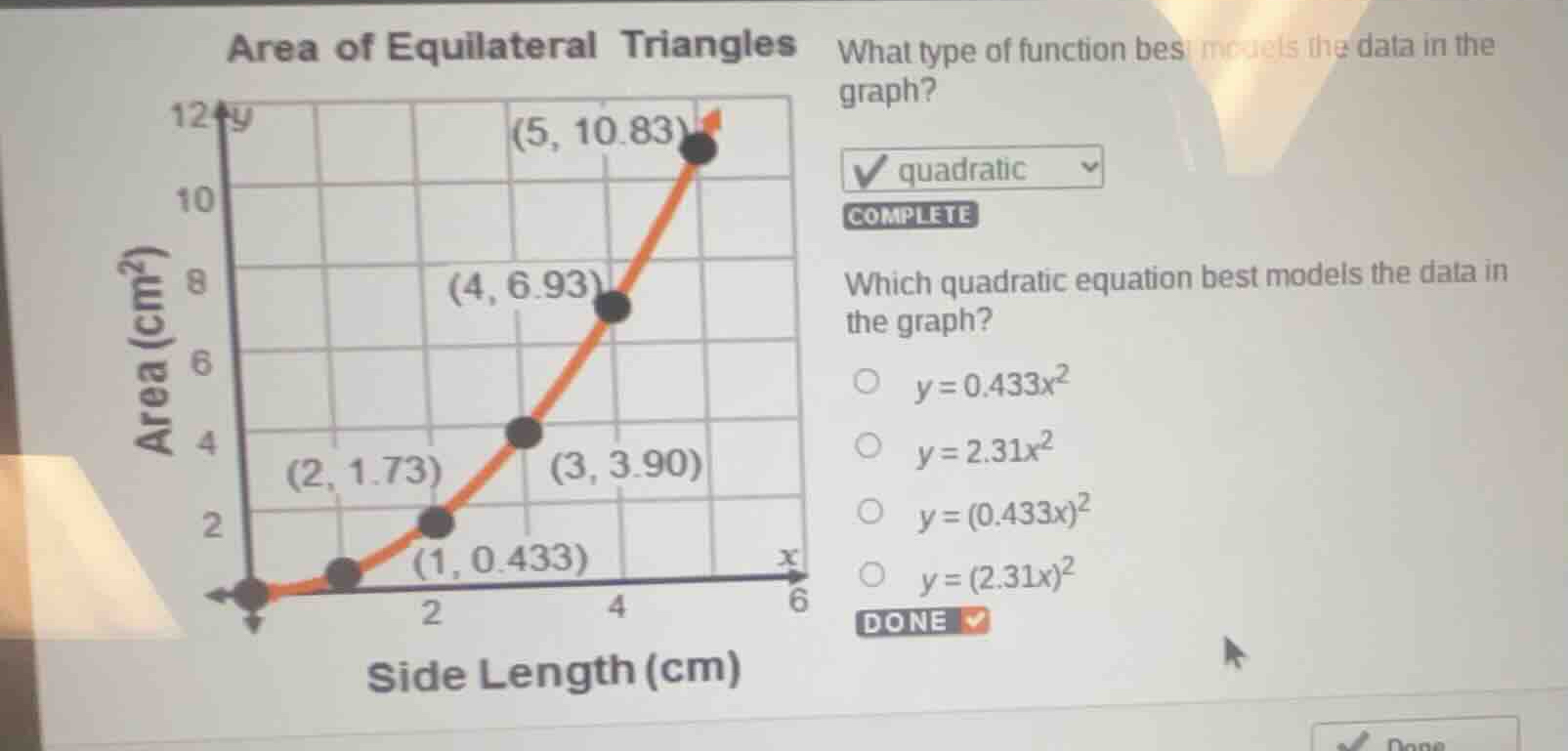 area of equilateral triangles what type of function best models the dat…