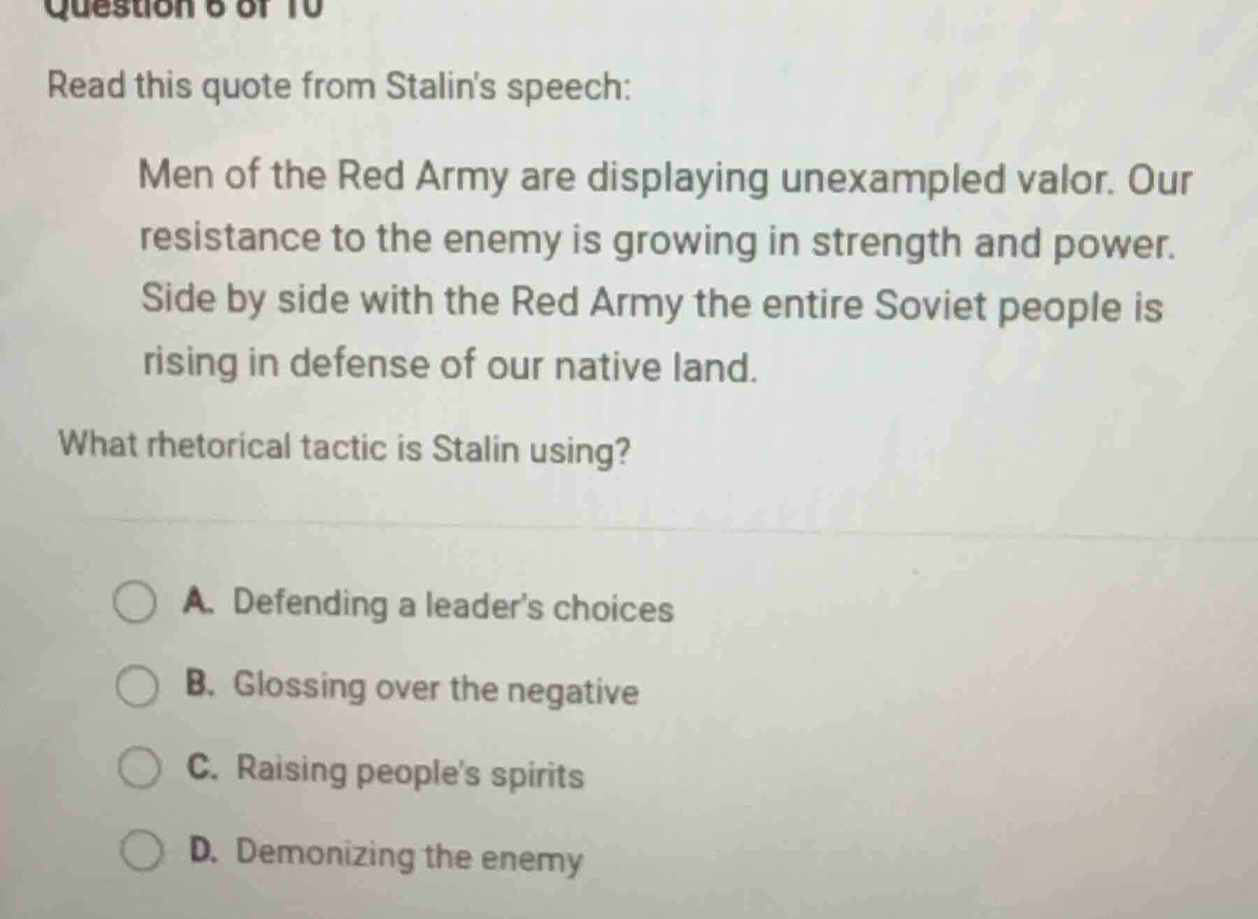 read this quote from stalins speech: men of the red army are displaying…