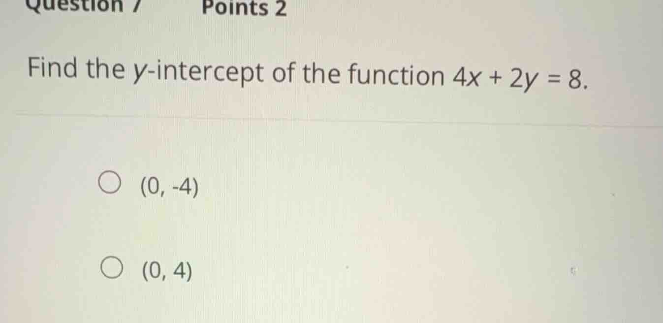 find the \\(y\\)-intercept of the function \\(4x + 2y = 8\\). \\((0, -4…