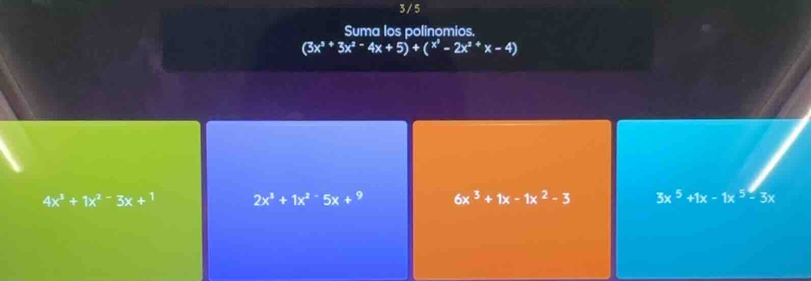 suma los polinomios. \\((3x^3 + 3x^2 - 4x + 5) + (x^3 - 2x^2 + x - 4)\\…