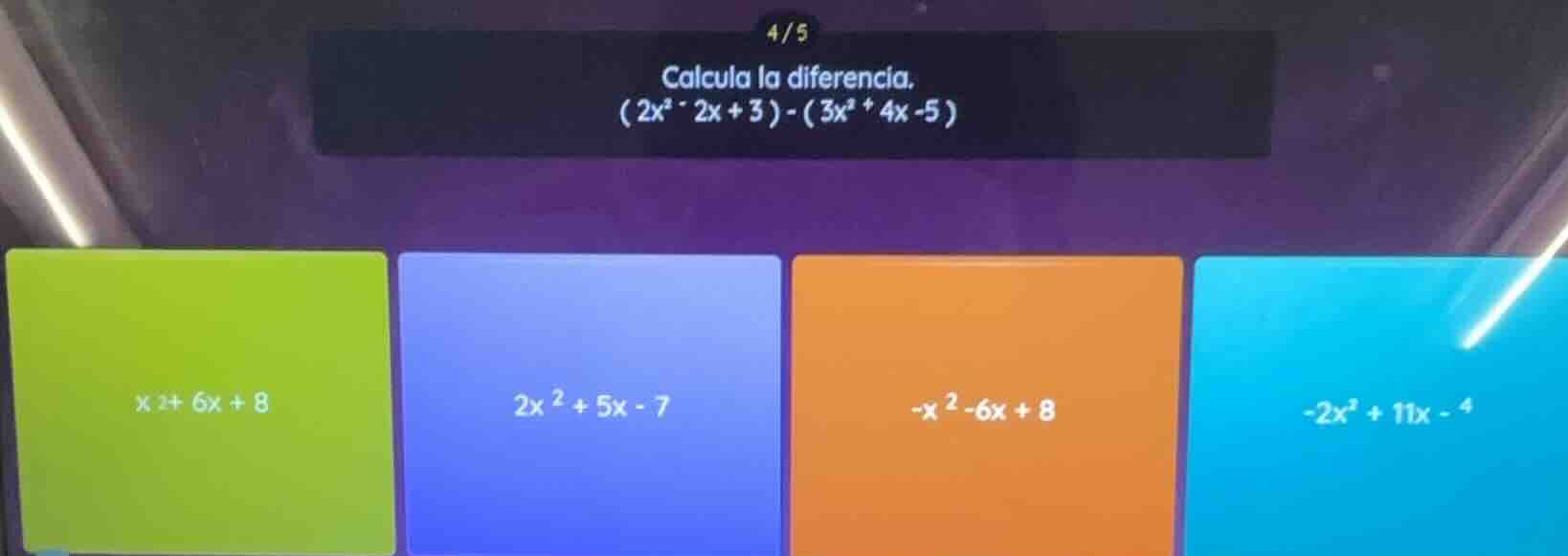 calcula la diferencia. \\((2x^2 - 2x + 3) - (3x^2 + 4x - 5)\\) options:…