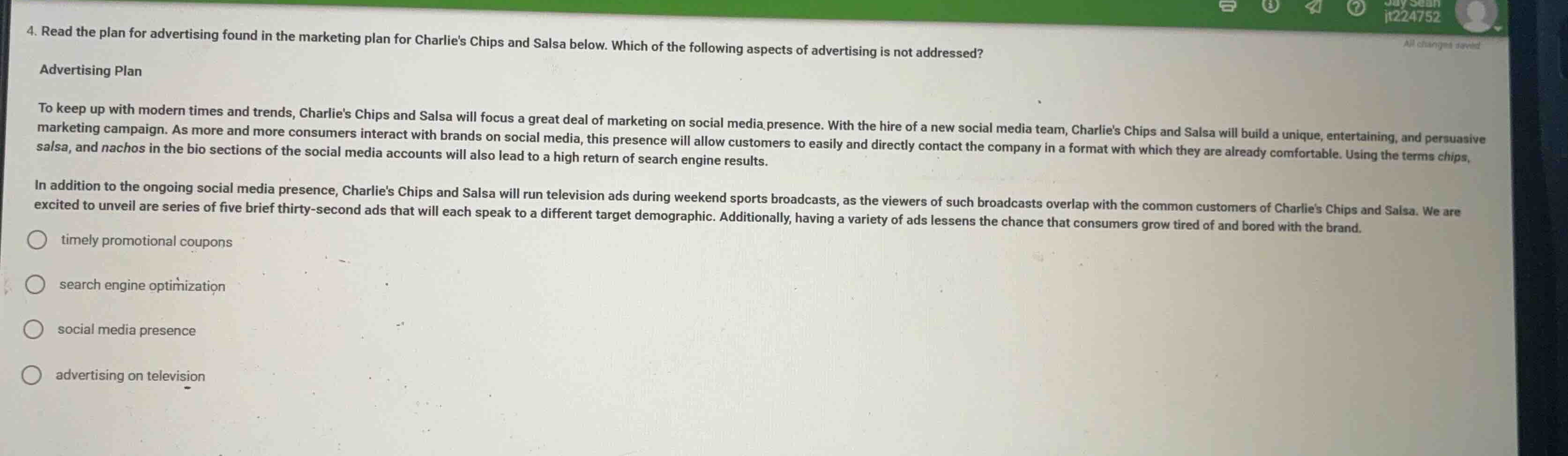 4. read the plan for advertising found in the marketing plan for charli…