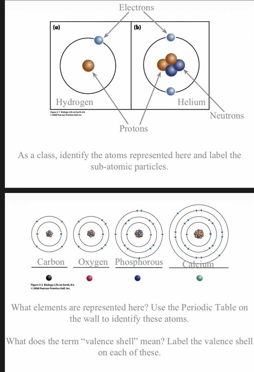 as a class, identify the atoms represented here and label the sub-atomi…