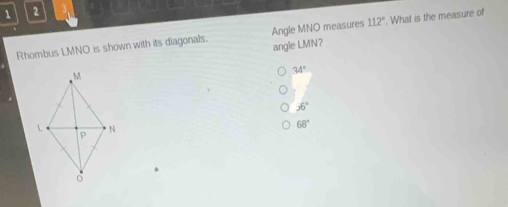 rhombus lmno is shown with its diagonals. angle mno measures \\(112^\\c…