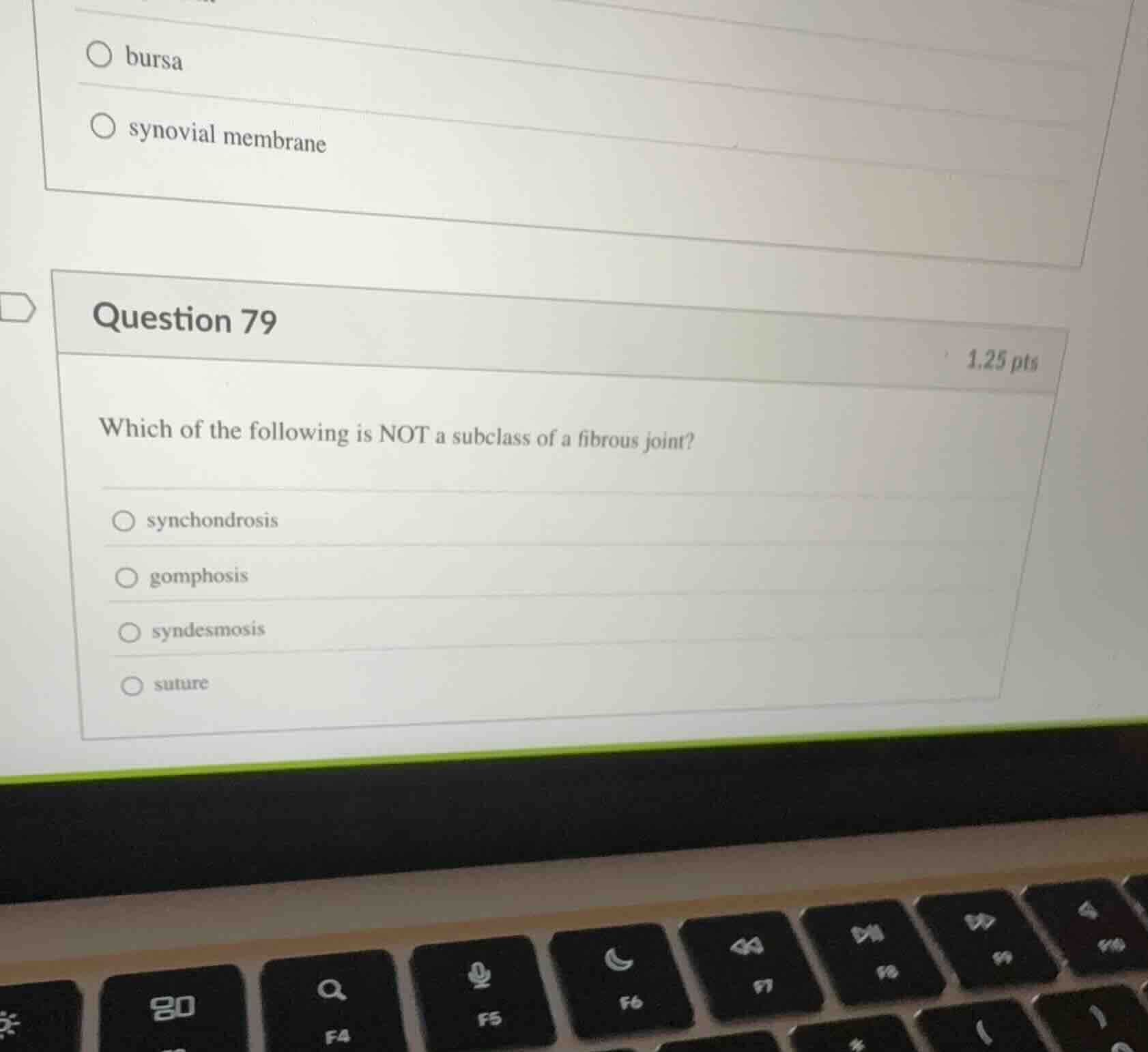 question 79 which of the following is not a subclass of a fibrous joint…