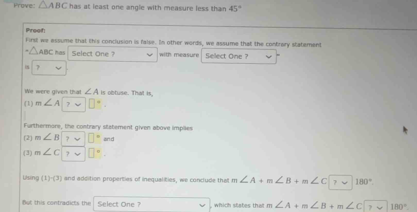 prove: \\(\\triangle abc\\) has at least one angle with measure less th…