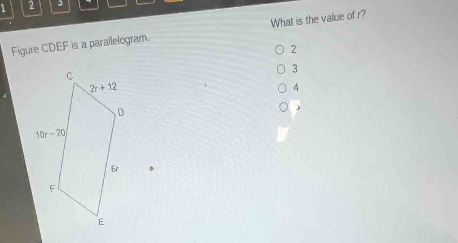 figure cdef is a parallelogram. what is the value of (r)? 2 3 4 5