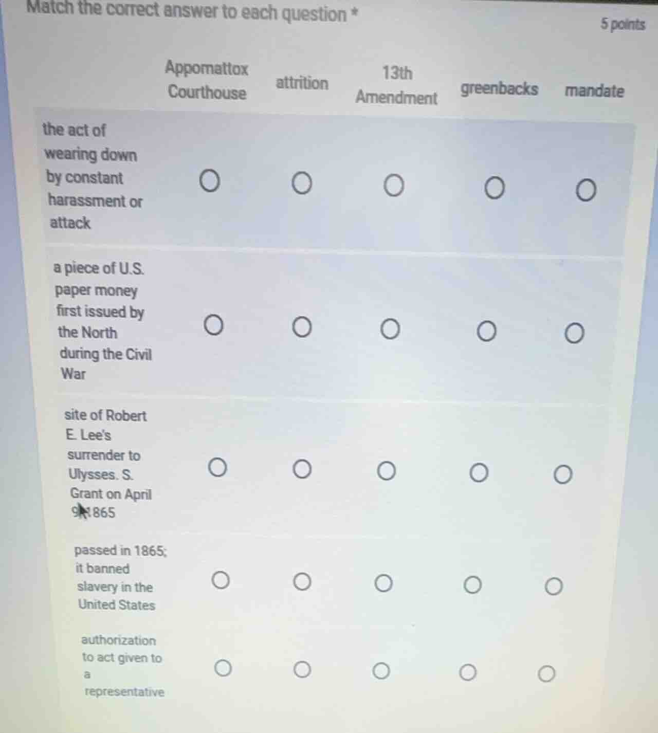 match the correct answer to each question * appomattox courthouse | att…