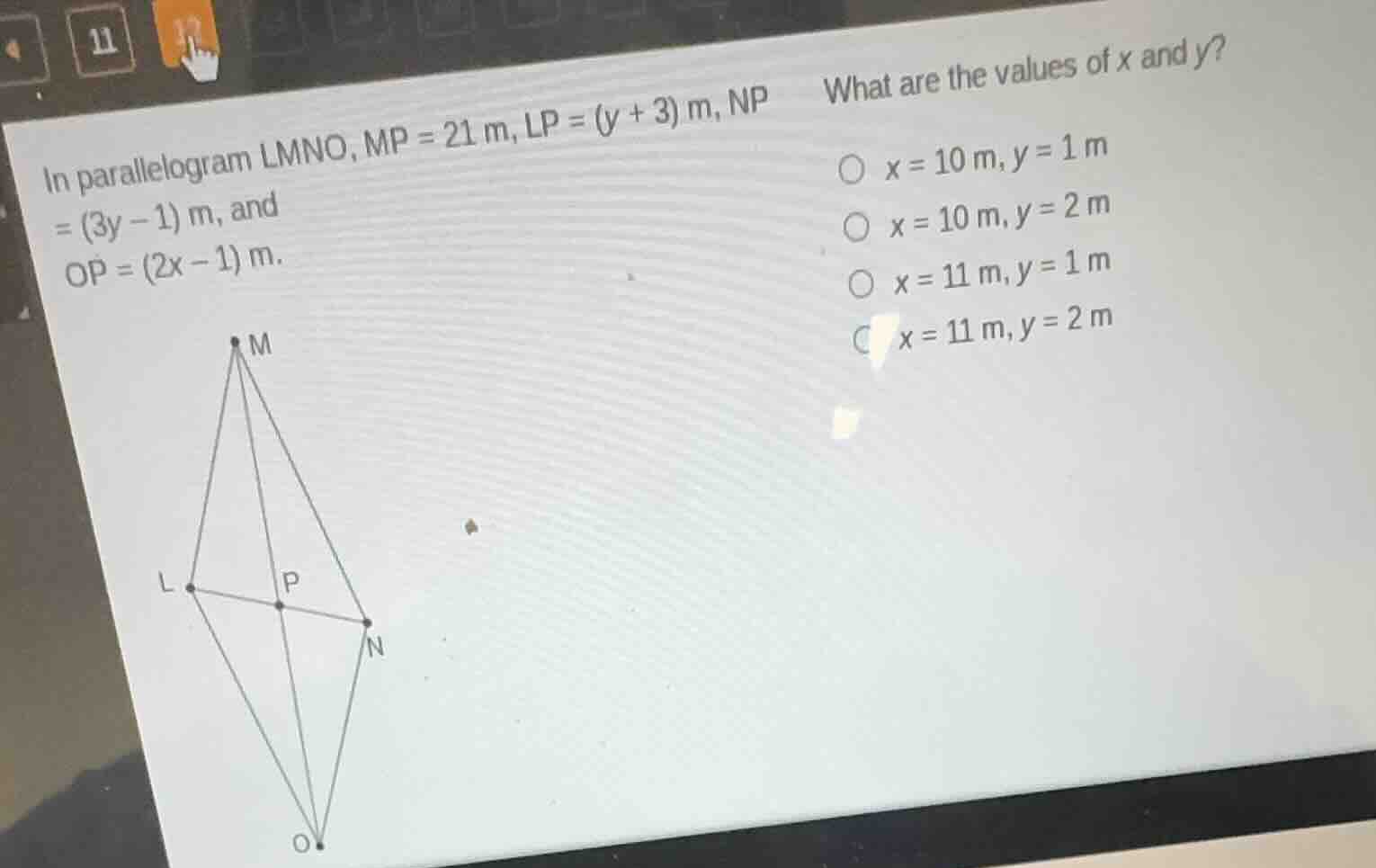 in parallelogram lmno, \\(mp = 21\\text{ m}\\), \\(lp = (y + 3)\\text{ …