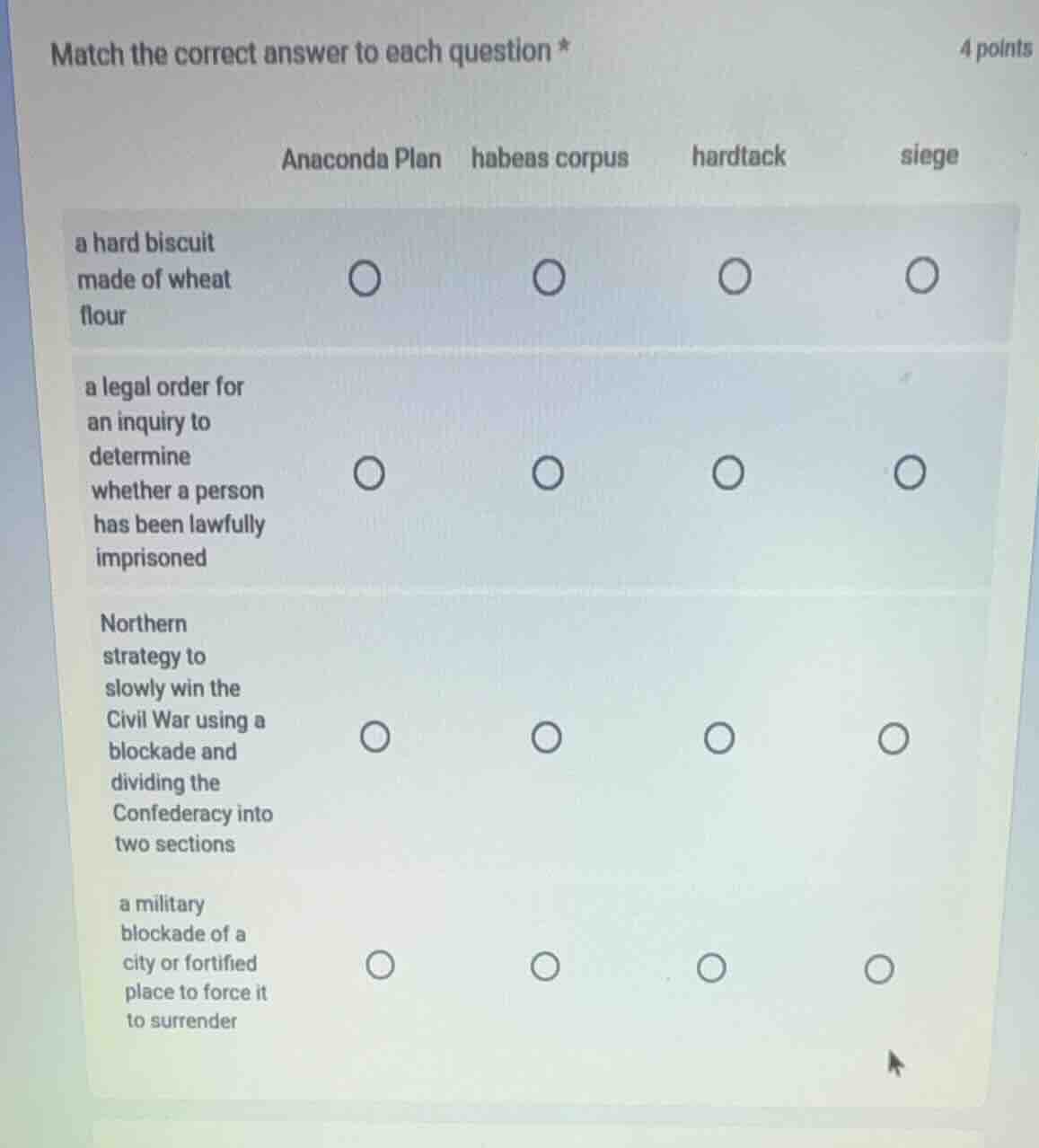 match the correct answer to each question anaconda plan | habeas corpus…