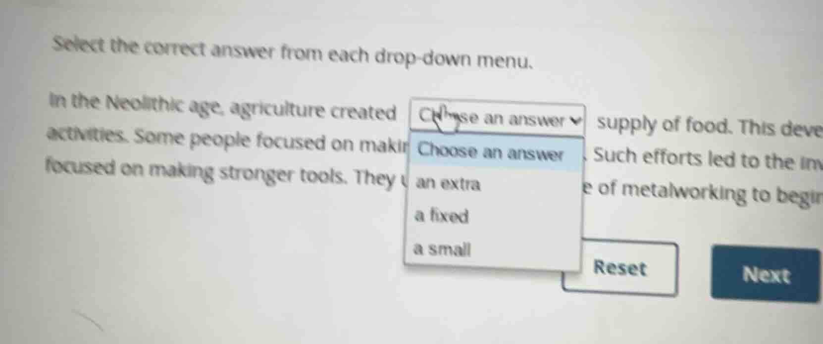 select the correct answer from each drop-down menu. in the neolithic ag…