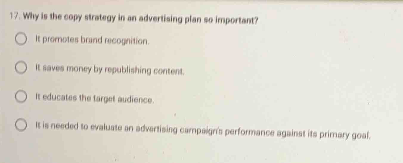 17. why is the copy strategy in an advertising plan so important? it pr…
