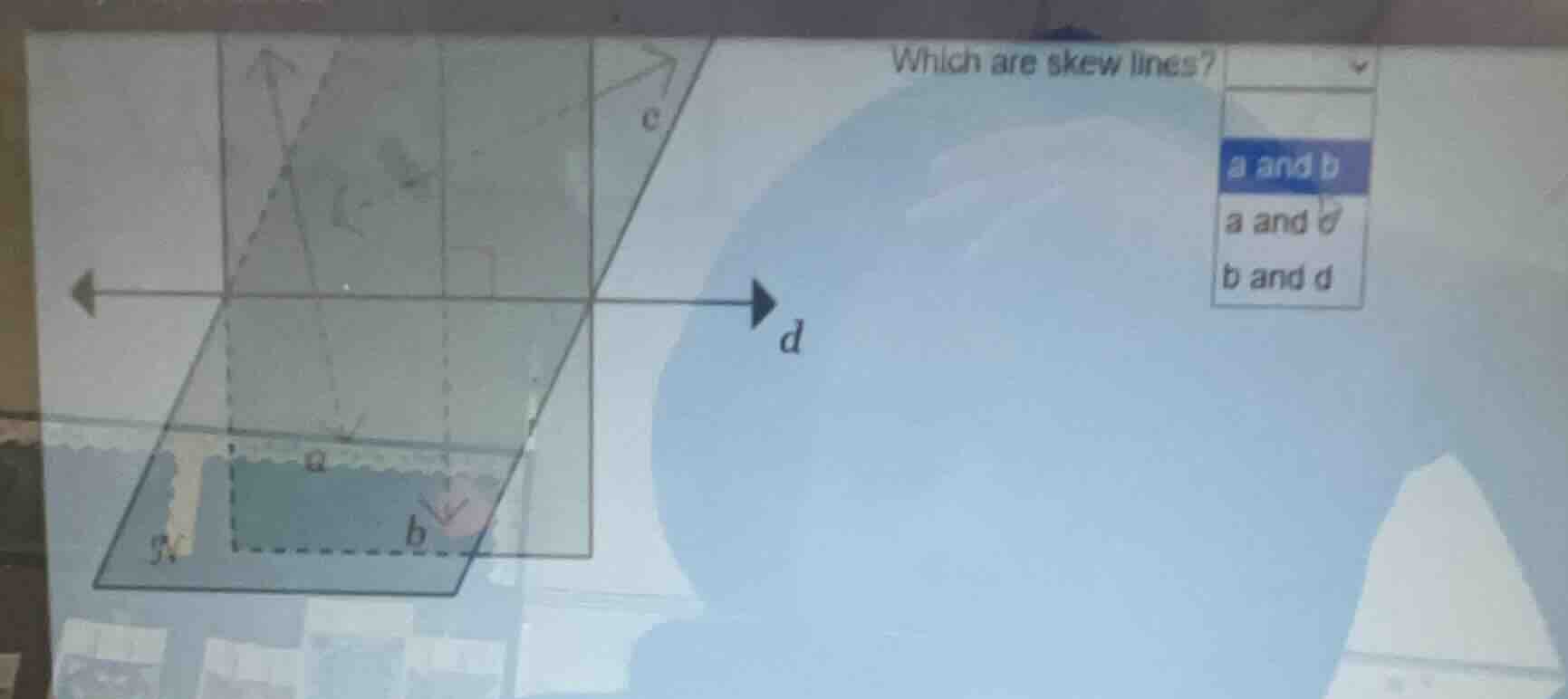 which are skew lines? a and b a and d b and d