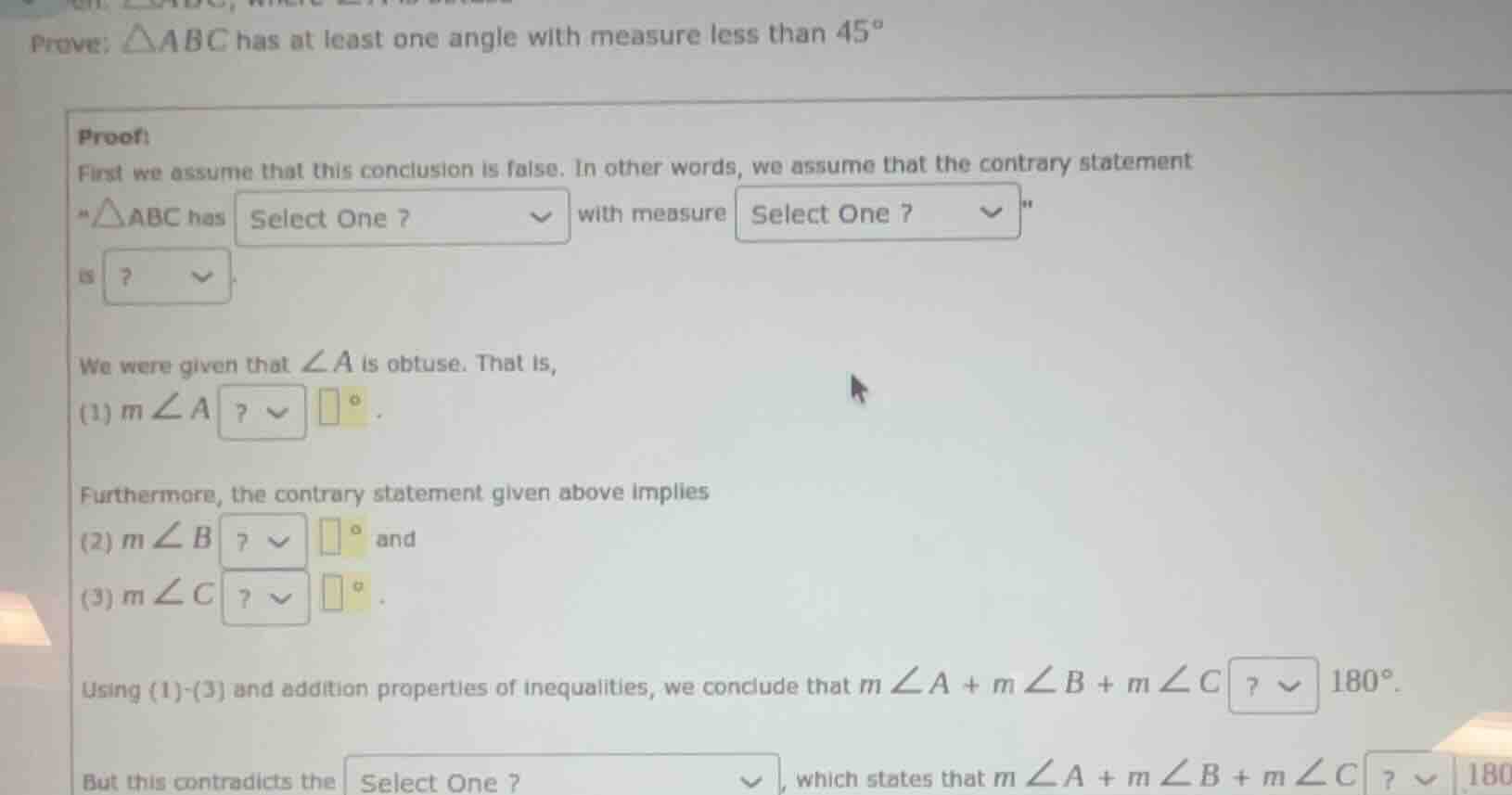 prove: \\(\\triangle abc\\) has at least one angle with measure less th…