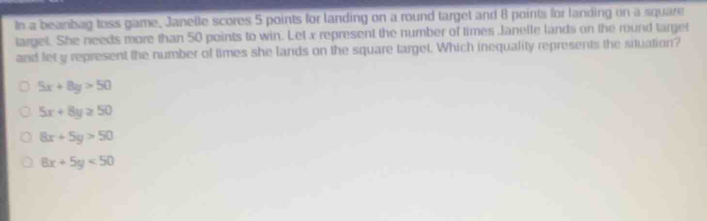 in a beanbag toss game, janelle scores 5 points for landing on a round …