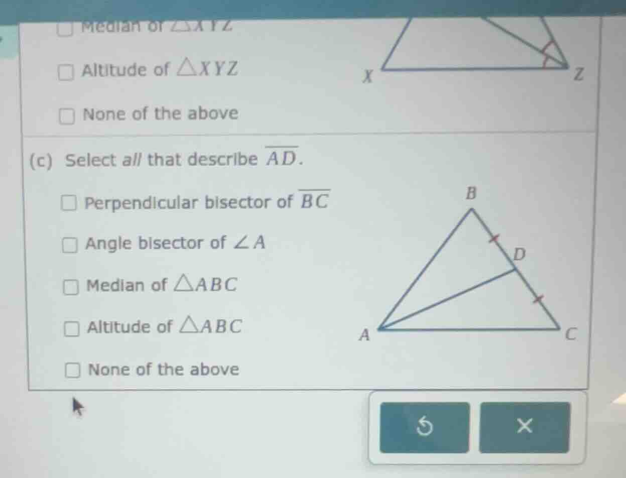 (c) select all that describe \\(\\overline{ad}\\). perpendicular bisect…
