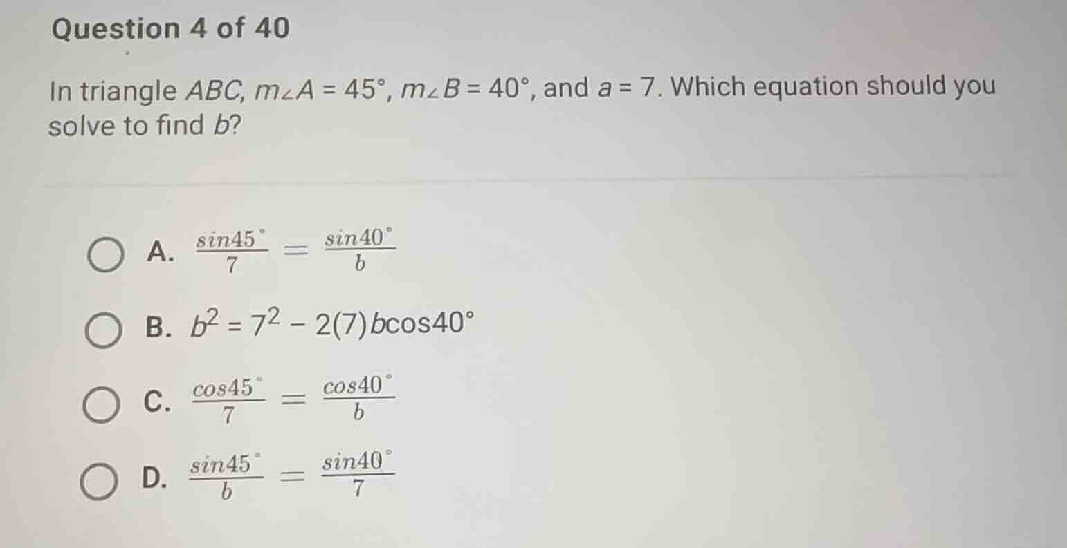 question 4 of 40 in triangle abc, (m\\angle a = 45^{\\circ}), (m\\angle…