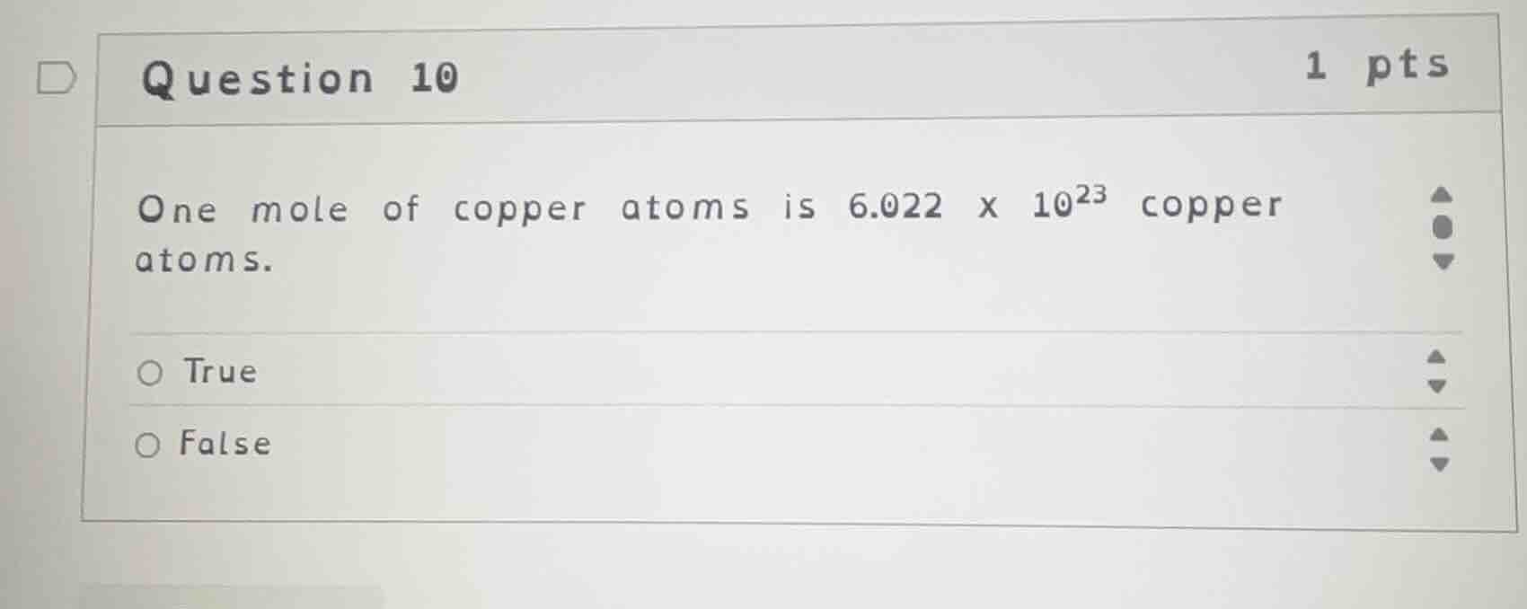 question 10 one mole of copper atoms is \\(6.022 \\times 10^{23}\\) cop…