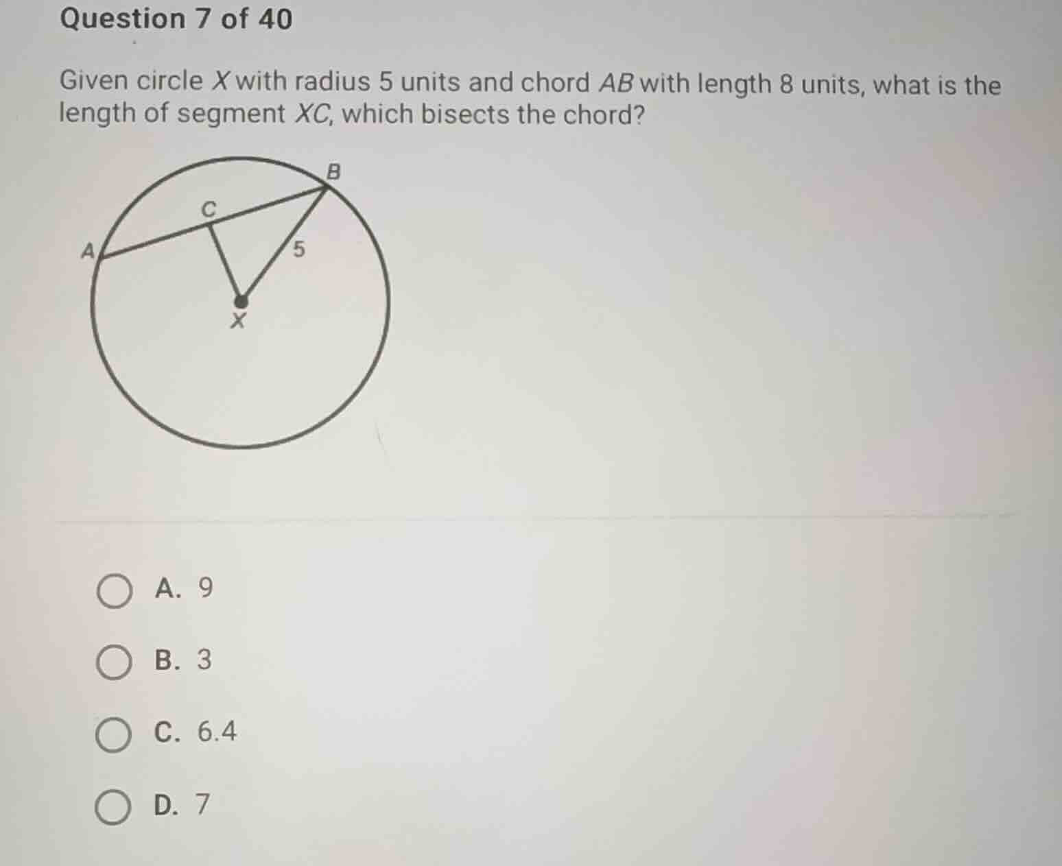 question 7 of 40 given circle \\(x\\) with radius 5 units and chord \\(…