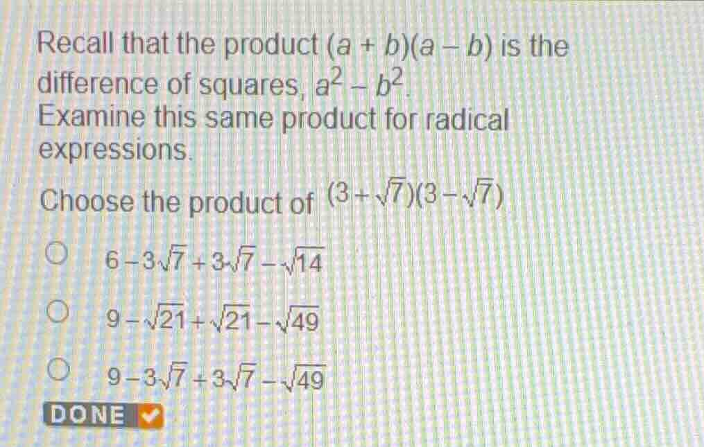 recall that the product \\((a + b)(a - b)\\) is the difference of squar…