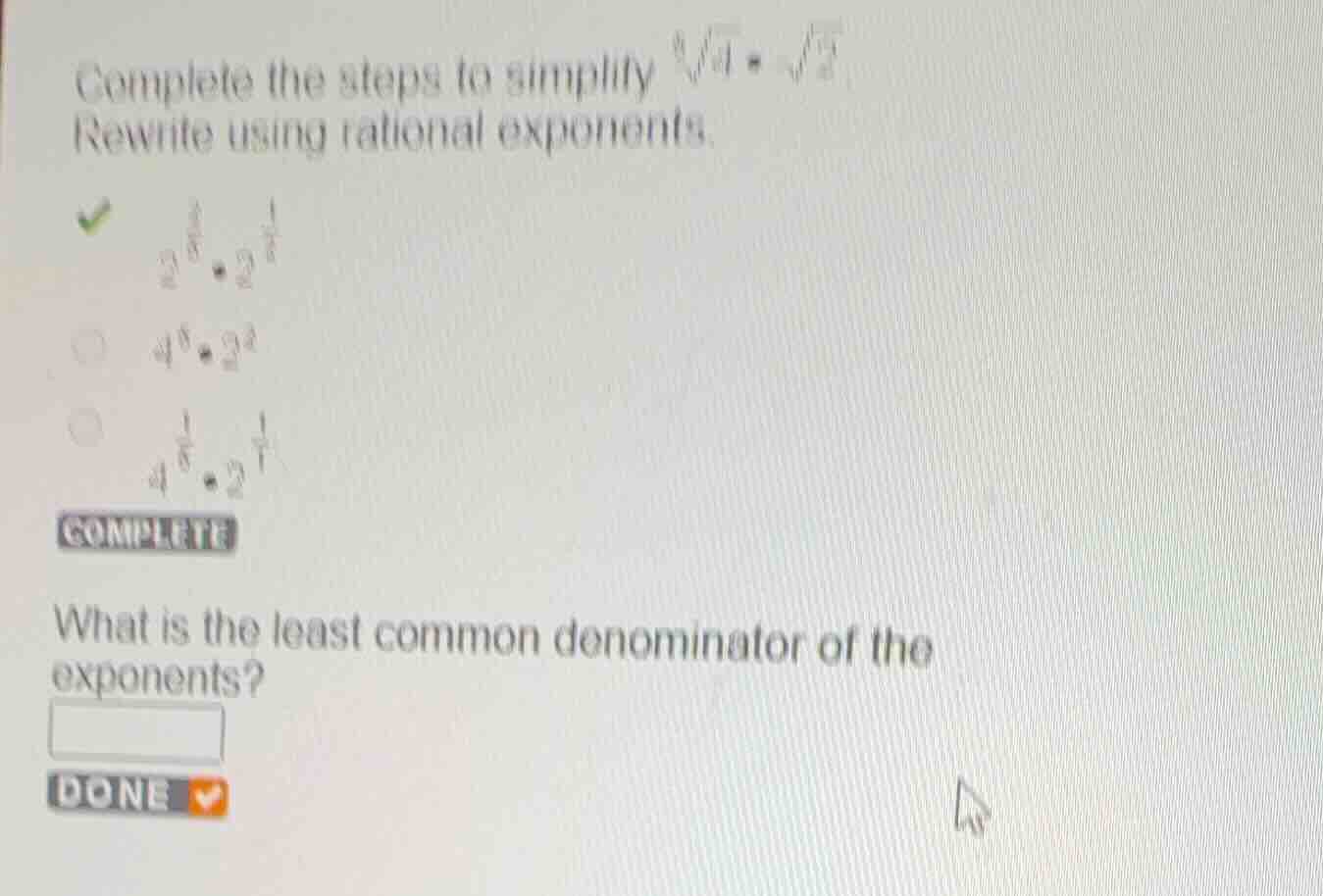 complete the steps to simplify \\(\\sqrt3{4} \\cdot \\sqrt{2}\\). rewri…