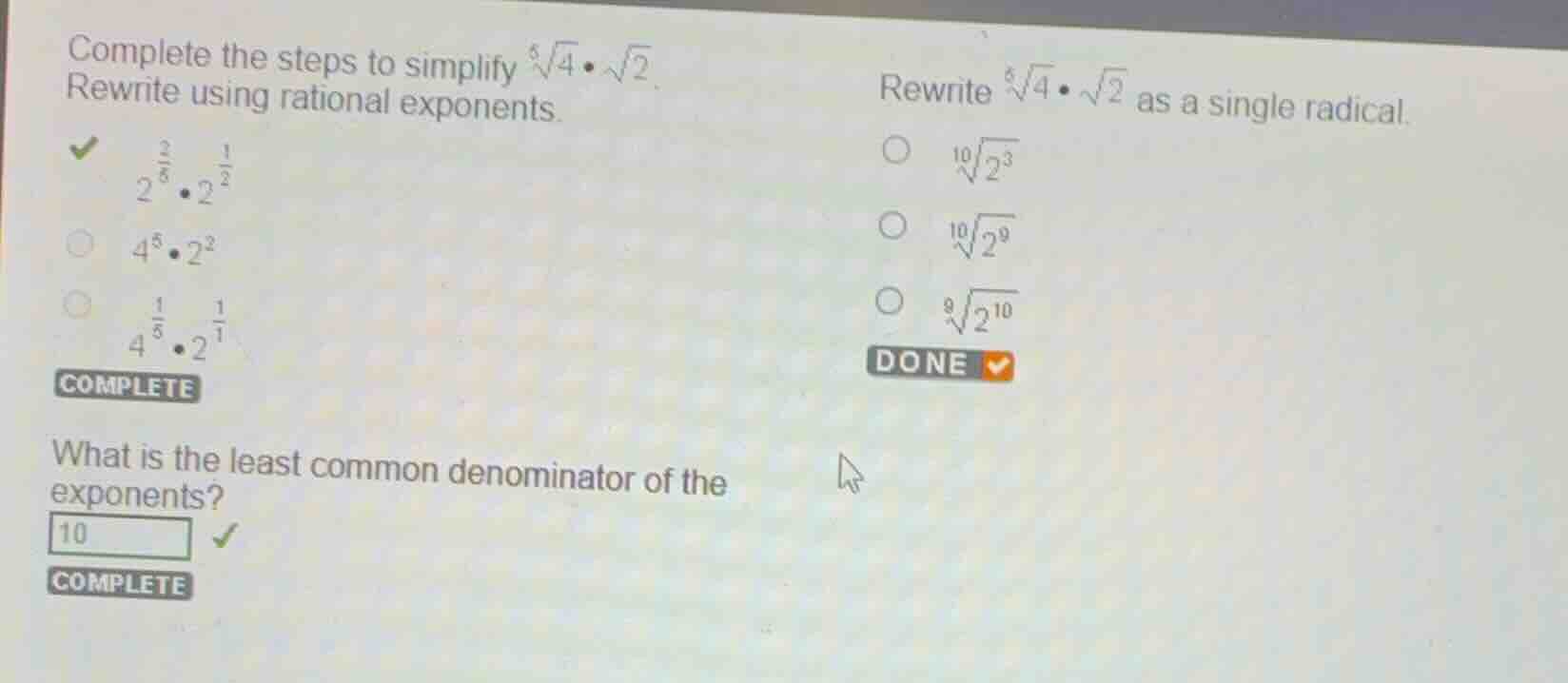 complete the steps to simplify \\(\\sqrt5{4} \\cdot \\sqrt{2}\\). rewri…