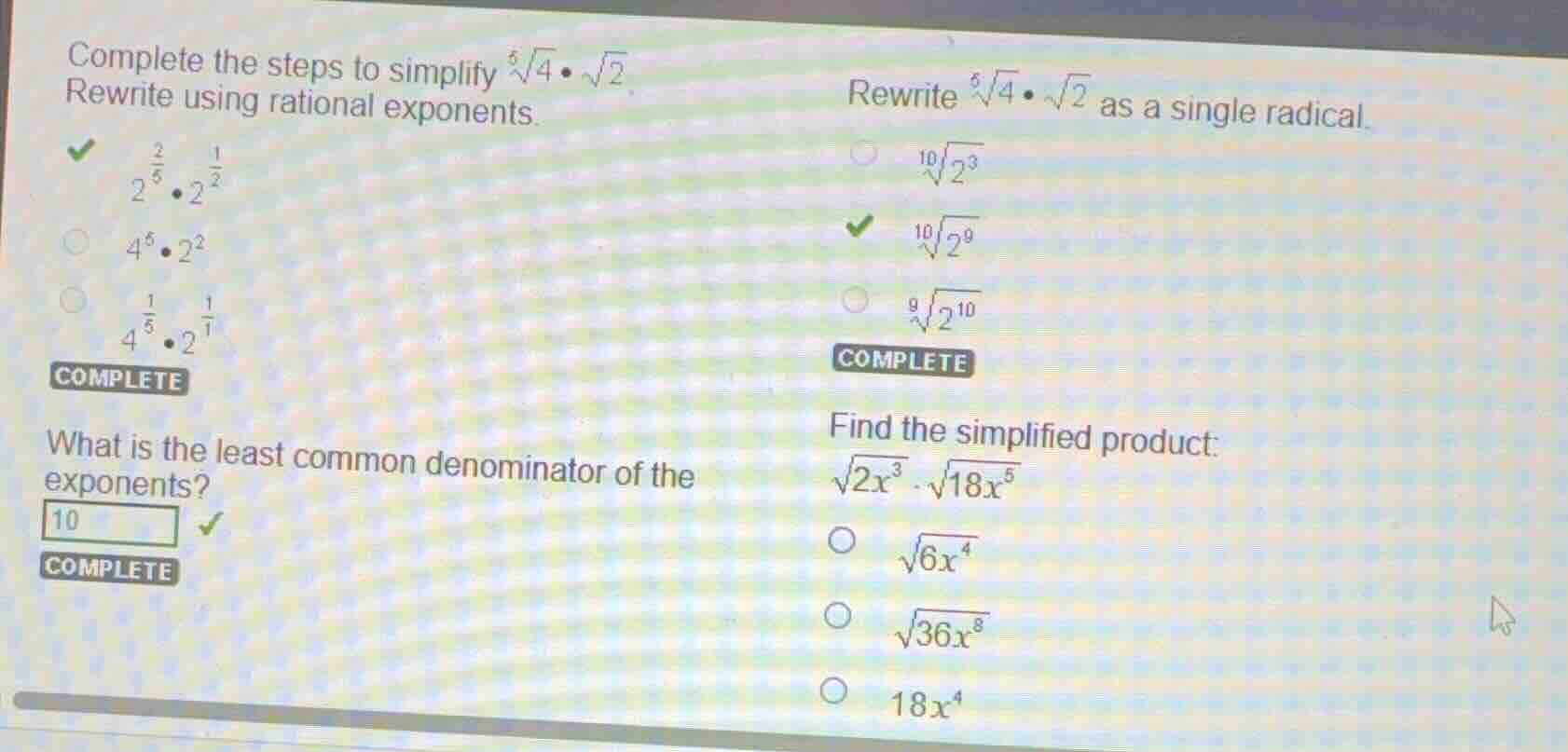 complete the steps to simplify \\(\\sqrt5{4} \\cdot \\sqrt{2}\\) rewrit…
