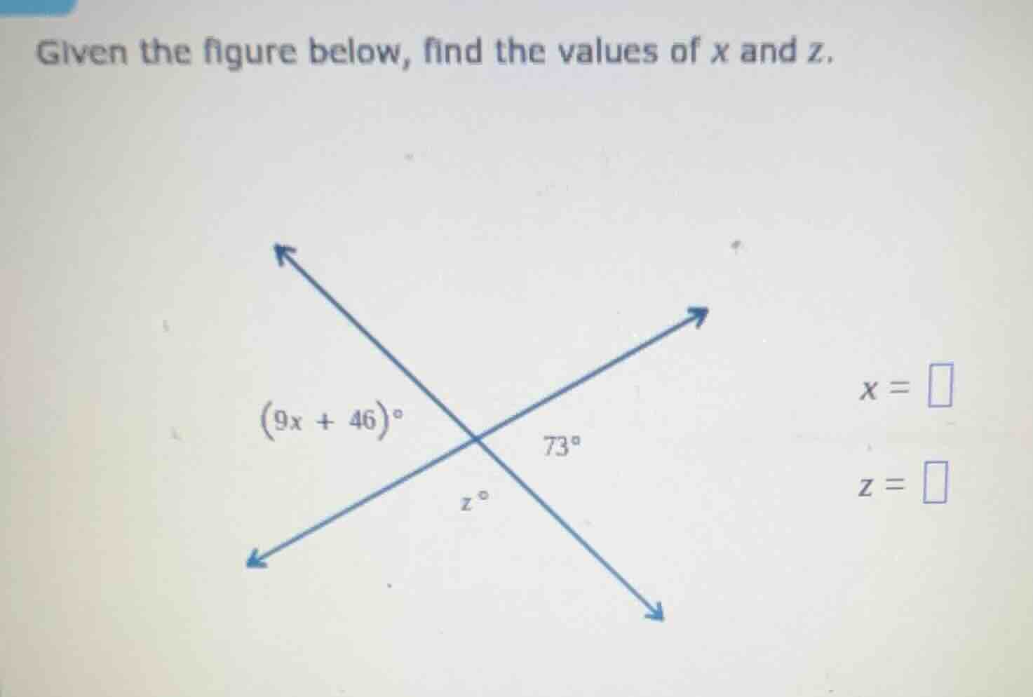 given the figure below, find the values of \\(x\\) and \\(z\\). \\(x = …