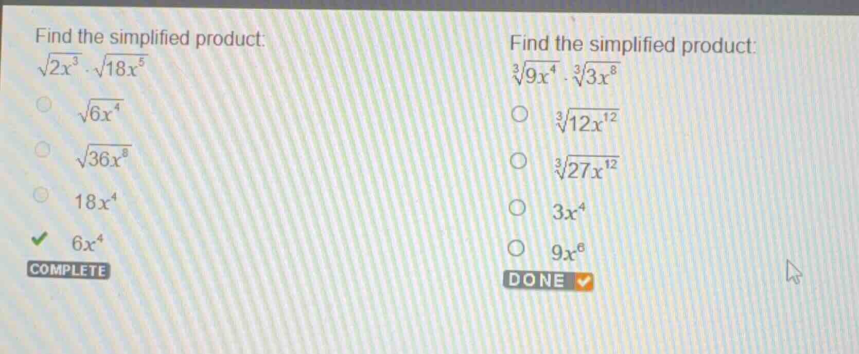 find the simplified product: \\(\\sqrt{2x^3} \\cdot \\sqrt{18x^5}\\) \\…
