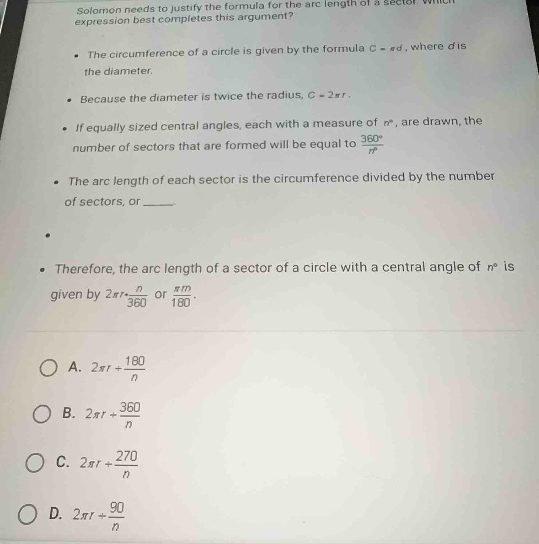 solomon needs to justify the formula for the arc length of a sector. wh…