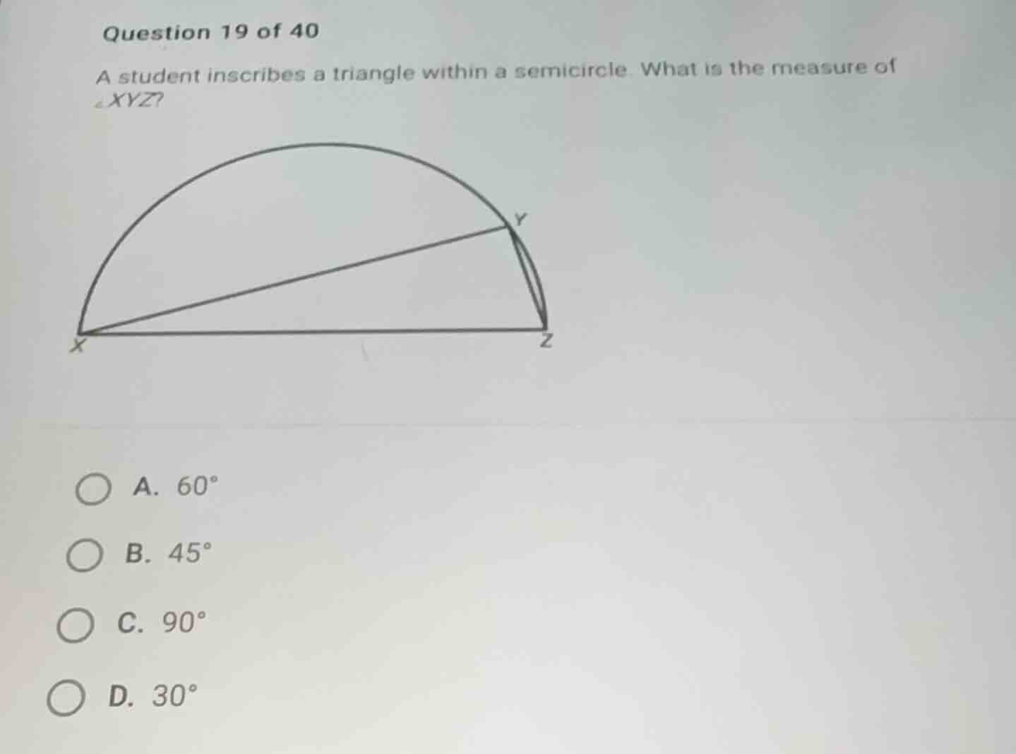 question 19 of 40 a student inscribes a triangle within a semicircle. w…