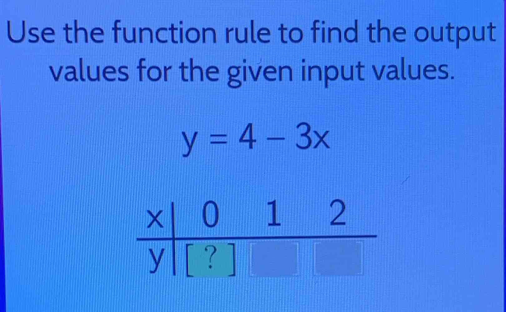 use the function rule to find the output values for the given input val…