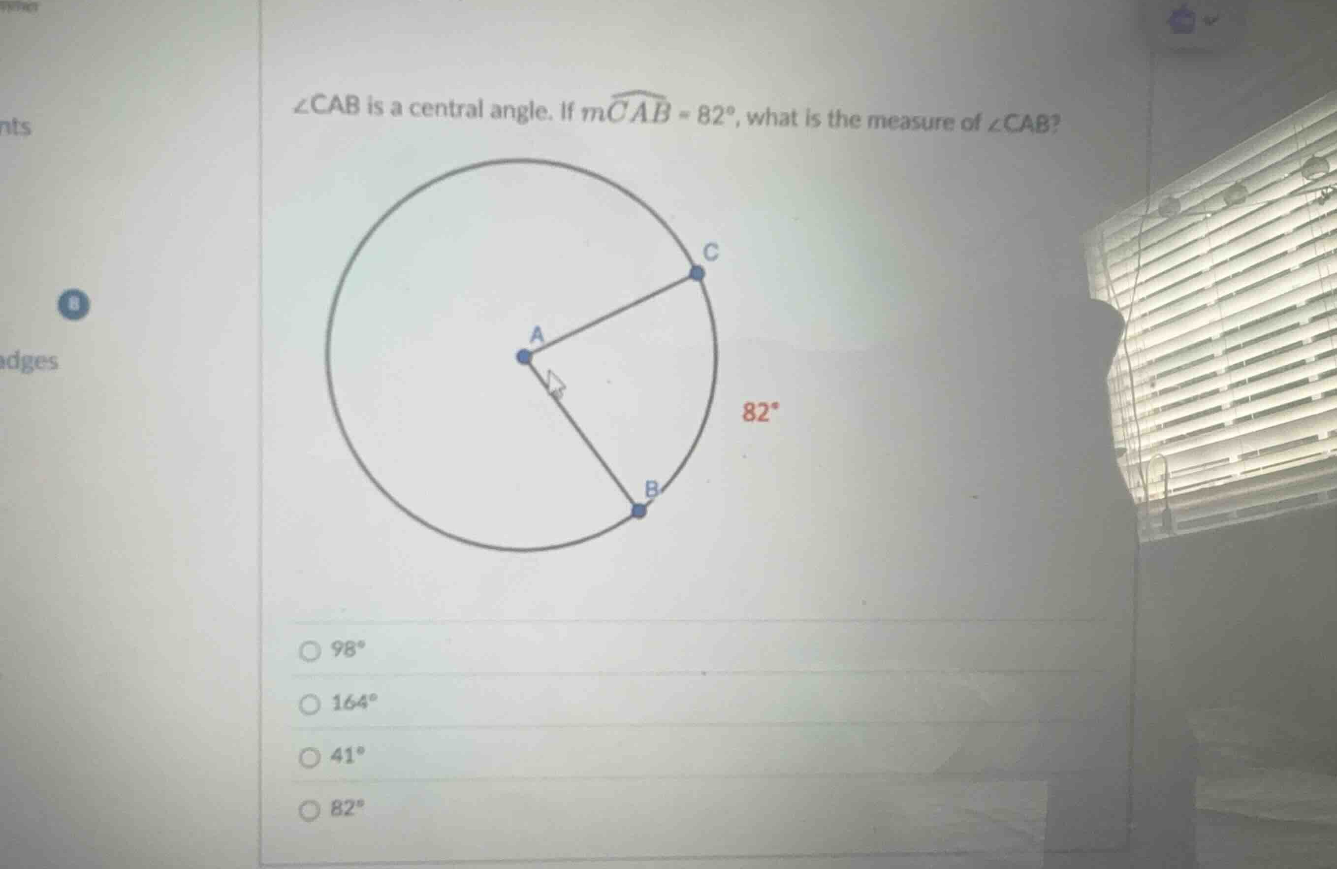 \\(\\angle cab\\) is a central angle. if \\(m\\widehat{cab} = 82^{\\cir…