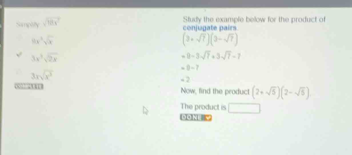 study the example below for the product of conjugate pairs. \\((3 + \\s…