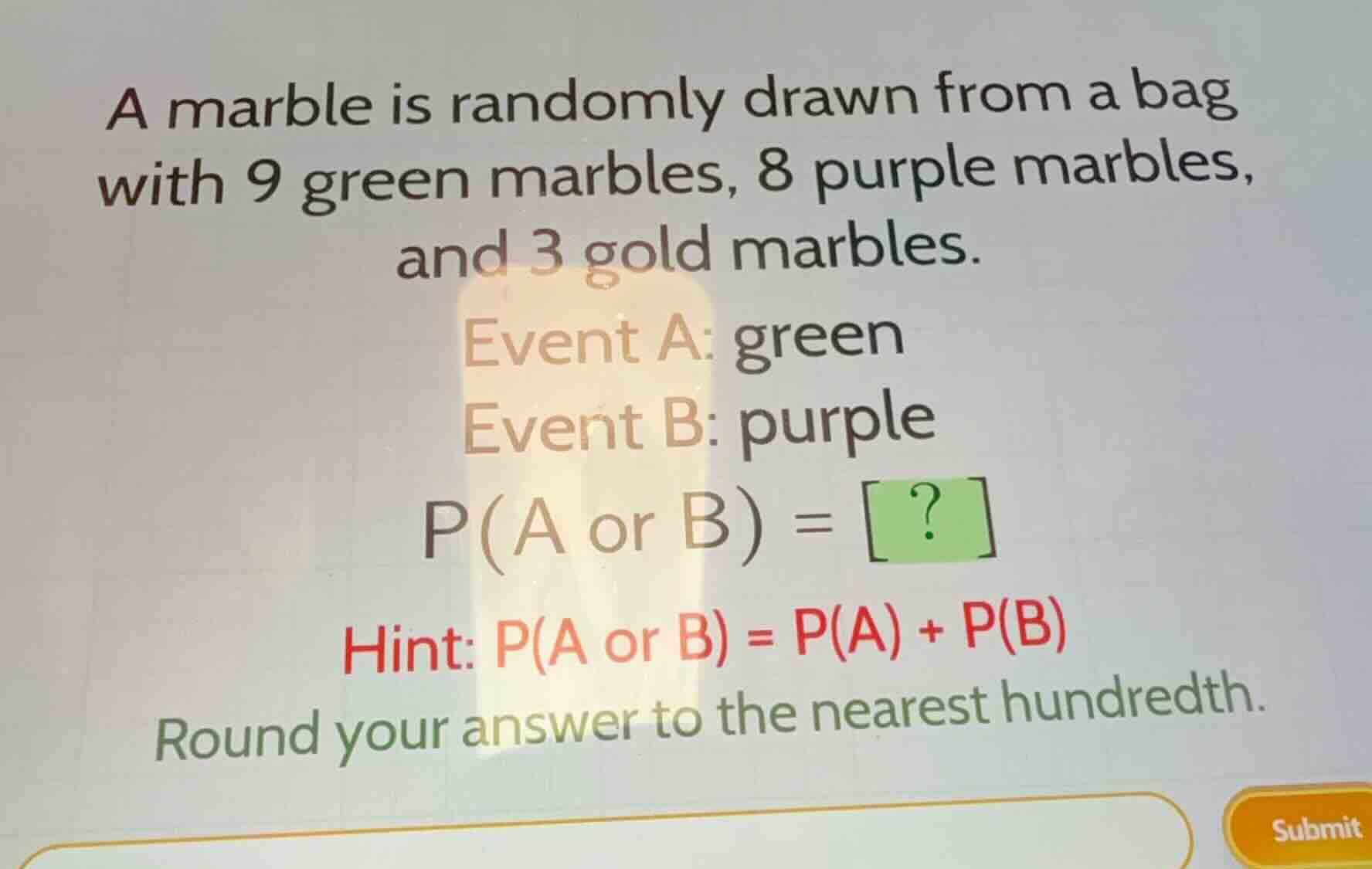 a marble is randomly drawn from a bag with 9 green marbles, 8 purple ma…