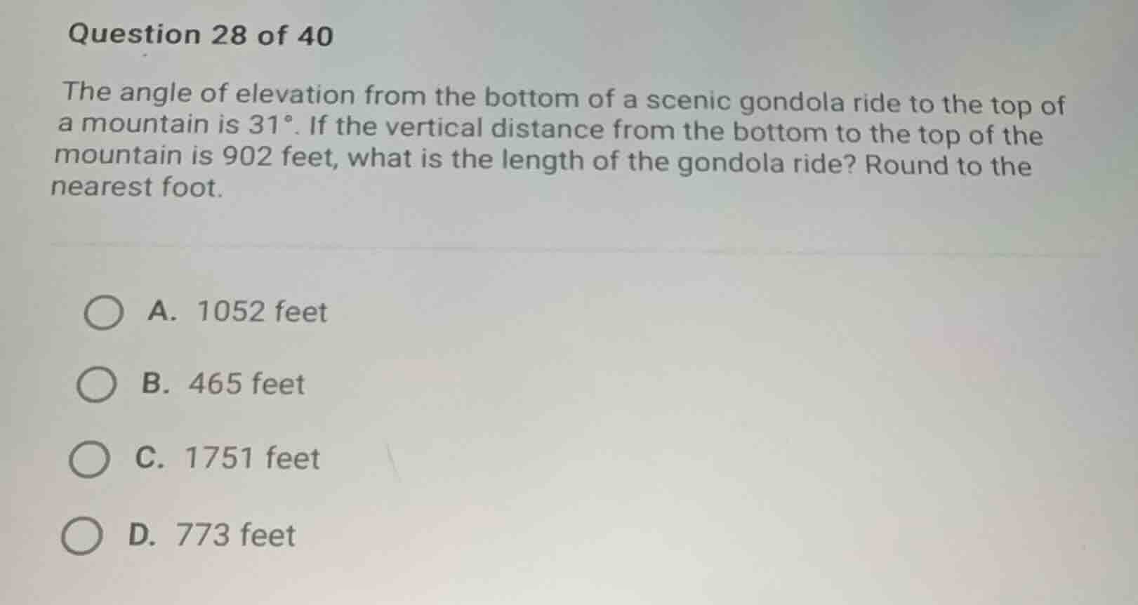 question 28 of 40 the angle of elevation from the bottom of a scenic go…