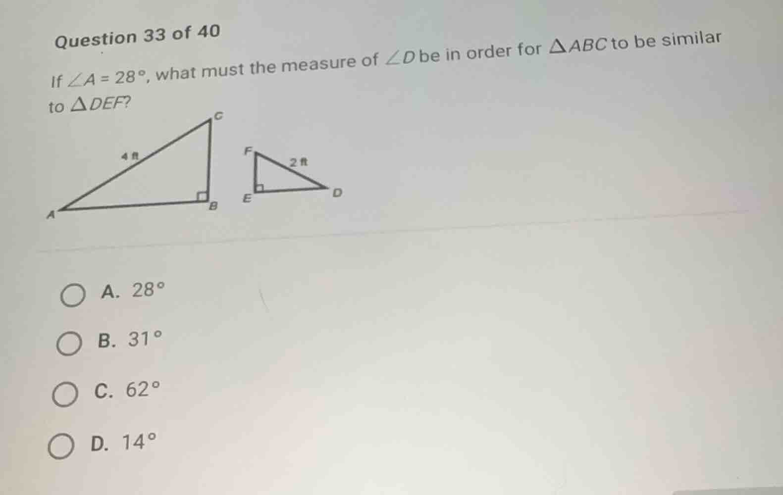 question 33 of 40 if \\(\\angle a = 28^\\circ\\), what must the measure…