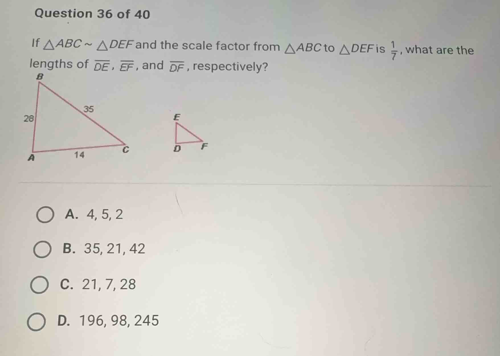 question 36 of 40 if \\(\\triangle abc \\sim \\triangle def\\) and the …