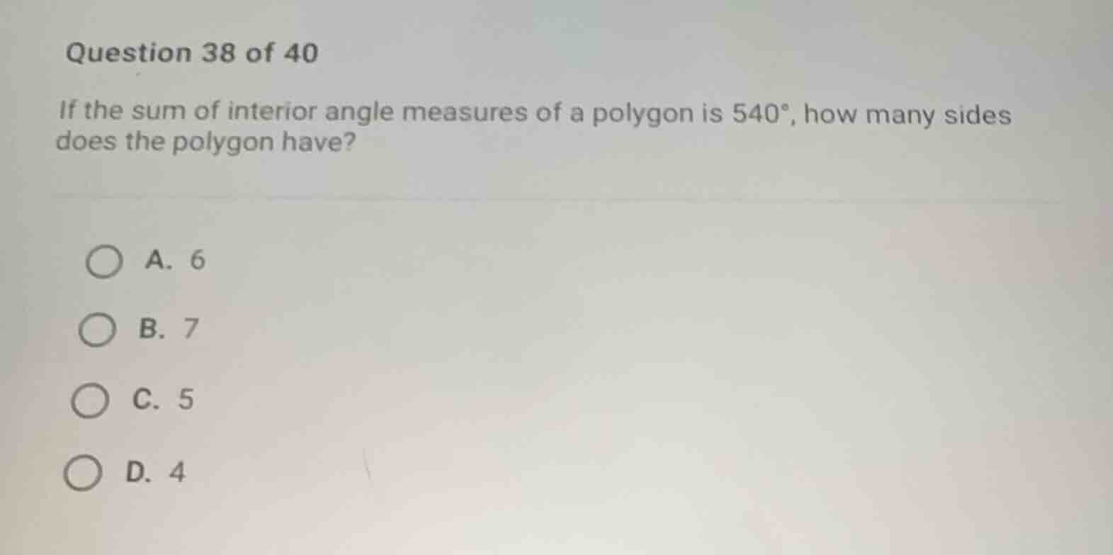 question 38 of 40 if the sum of interior angle measures of a polygon is…