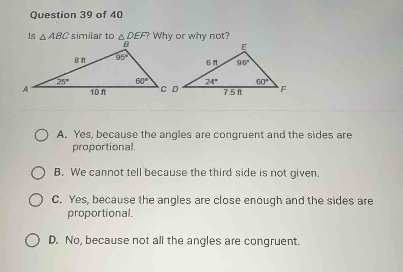 question 39 of 40 is \\(\\delta abc\\) similar to \\(\\delta def\\)? wh…