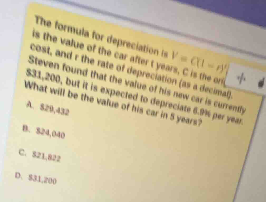 the formula for depreciation is \\(v = c(1 - r)^t\\), where \\(v\\) is …