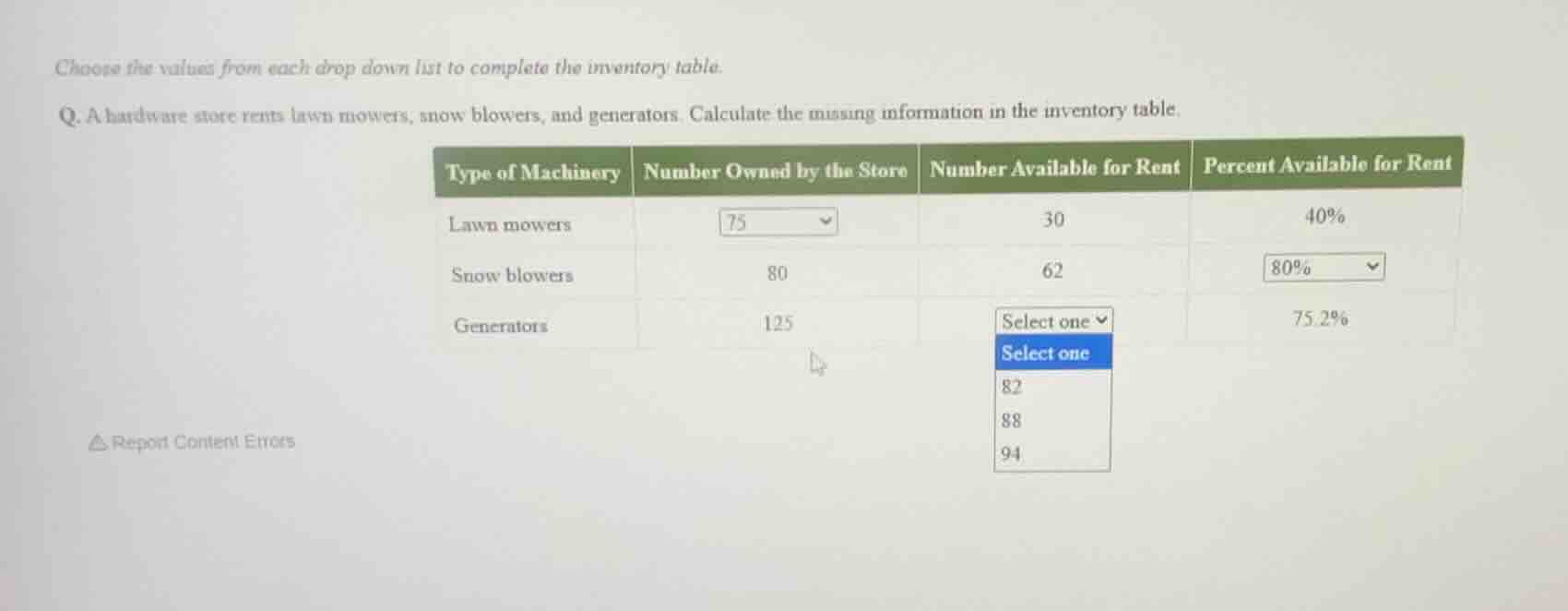 choose the values from each drop down list to complete the inventory ta…