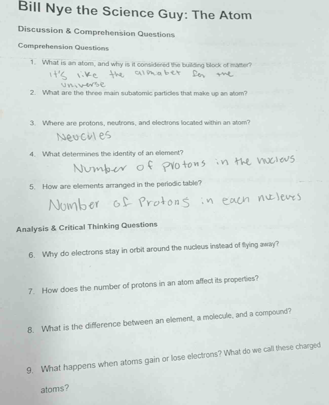 bill nye the science guy: the atom discussion & comprehension questions…
