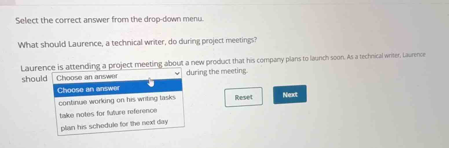 select the correct answer from the drop-down menu. what should laurence…