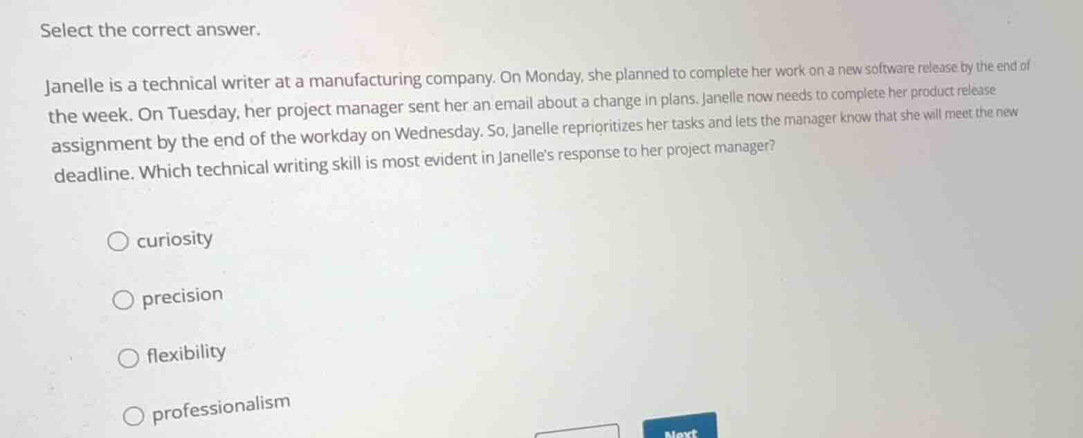 select the correct answer. janelle is a technical writer at a manufactu…